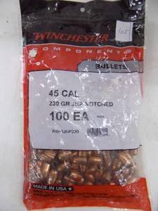 lot 105 image: 100 Winchester 45 Cal 230gr JHP Notched Bullets