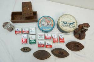 lot 42 image: vintage Bakelite box with lid, sad irons, spice tins