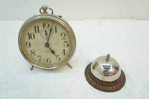 lot 153 image: antique Big Ben wind up alarm clock and cast iron hotel bell