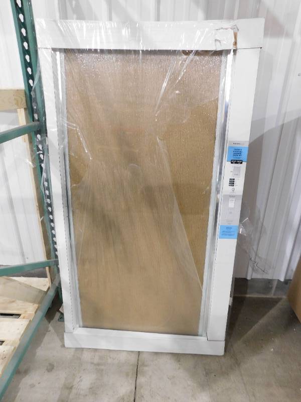 lot 16 image: Franklin Brass 34 in. x 63-34 in. Framed Pivot Shower Door in Chrome with Rain Glass