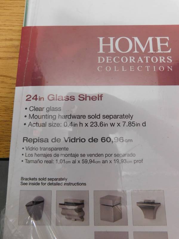lot 34 image: (3) Home Decorators Collection 8 in. x 36 in. Clear Glacier Glass Shelf