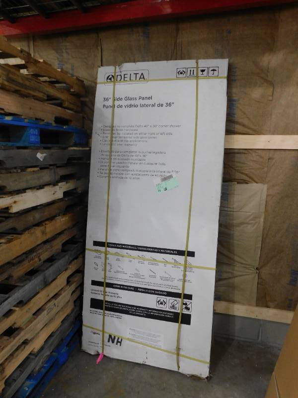 lot 129 image: Delta Classic 36 in. W Frameless 1-Piece Direct-to-Stud Corner Shower Glass Panel in Stainless