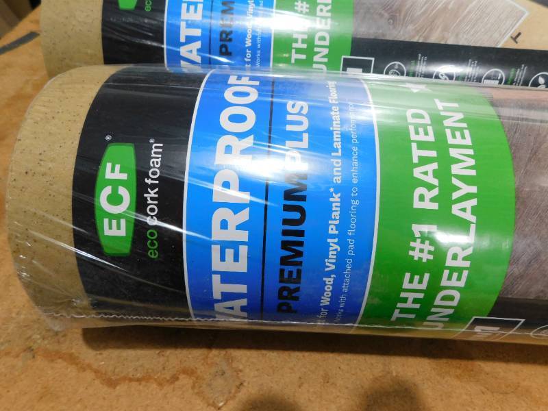 lot 42 image: (2) Eco Cork Foam 75 sq. ft. 3 ft. x 25 ft. x 3.2 mm Waterproof Premium Plus 10-in-1 Underlayment - Vinyl Plank, Laminate, Engineered Wood