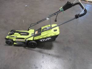 lot 710 image: Ryobi 13 in. 11 Amp Corded Electric Walk Behind Push Mower, Battery and Charger NOT included - Works, Used