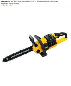 lot 55 image: DEWALT 16 in. 60V MAX Lithium-Ion Cordless FLEXVOLT Brushless Chainsaw with Charger. See Pictures