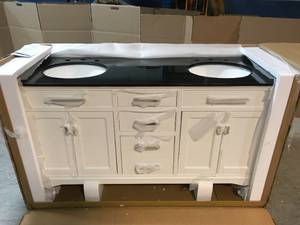 lot 27 image: Home Decorators Collection Manor Grove 61 in. W Double Bath Vanity in White with Granite Vanity Top in Black with White Sink- Good Condition - Review all pictures