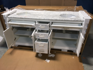 lot 34 image: Home Decorators Collection Windlowe 73 in. W x 22 in. D x 35 in. H Bath Vanity in White with Carrara Marble Vanity Top in White with White Sink- Open Box - Review all pictures
