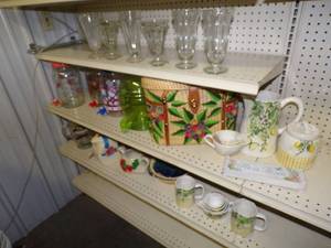 Vintage Sunday Glasses, Picnic Basket, water pitchers, and beverage dispensers