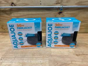 lot 78 image: AQUA JOE Lot of 2-  12 in. Dia x 50 ft. Flexible Kink-Free Fiberjacket Garden Hoses, Metal Fittings