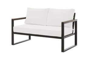 lot 148 image: HAMPTON BAY West Park Black Aluminum Outdoor Patio Loveseat with CushionGuard White Cushions (missing hardware)