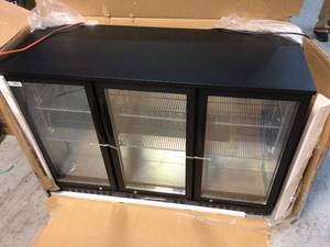 lot 102 image: 53 in. W 11 cu. ft. 3-Glass Door Counter Height Back Bar Cooler Refrigerator with LED Lighting in Black by Koolmore  Customer Returns See Pictures