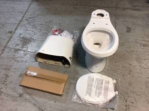 lot 104 image: 10 in. Rough-in 2-Piece 1.28 GPF High Efficiency Single Flush Round Front All-in-One Toilet in White, Seat Included by Glacier Bay Customer Returns See Pictures