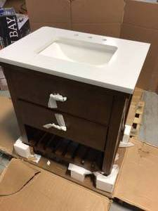 lot 106 image: Newglen 30 in. W x 21 in. D Vanity in Sable with Ceramic Vanity Top in White with White Basin by Home Decorators Collection Damaged  Custoner Returns  See Pictures