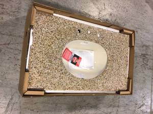lot 107 image: 37 in. W Granite Vanity Top in Beige with Biscuit Bowl and 8 in. Faucet Spread by Home Decorators Collection Customer Returns See Pictures