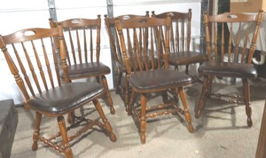 lot 51 image: 6 matching wood spindle chairs with faux leather seats