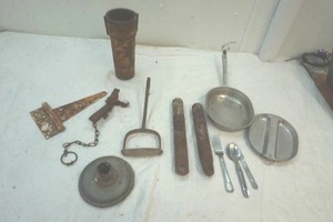 lot 155 image: hay hook, trap, Boy Scout campfire cook set