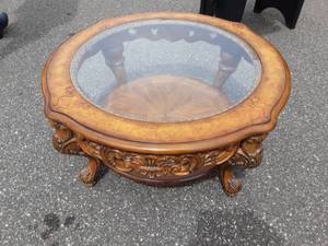 Ornate Wood Carved Glass Top Table With Lower Shelf 42 Round 20 Tall