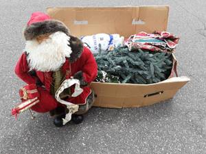 Santa Figure & Large Box With Tree & Other Christmas Decor
