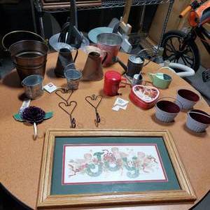 Framed CherubJOY Print By Barbara Mack, Assortment Of Vintage Tin Collectibles