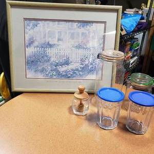 Framed Print (Serve The Lord) 16x20 & Vintage Honey Dipper, 2-Rubber Seal Jars, 2-Jars With Lids