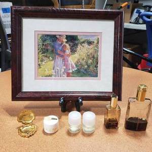 Framed Print Of Woman With Child 8x10 & Collection Of Vintage Perfumes--Glass Bottles, Jar, Estee Lauder Compact