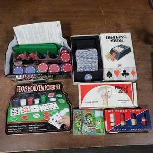 Texas Hold Em Poker Set, Dealing Shoe, Decks Of Cards, Vintage Poker Chips