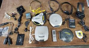 Lot Of Sony Walkmans, Discman, Headphones, Sony Recorder, Cig Plug-Ins, Adapter, CD Cleaner, Earbuds, Jensen Radio