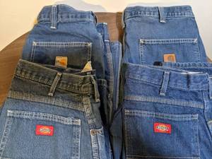 lot 02 image: 5 Pairs- 3 Dickies Denim - 2 Carhartt Khaki Dungarees (1 Fire Retardant ) (32 x 30 - 32 x 32)