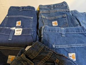 lot 03 image: 9 Pairs- 3 Dickies Denim - 5 Carhartt Khaki Dungarees (4 Fire Retardant ) - 1 FR Bulwark (NWT) (34 x 28 to 34)