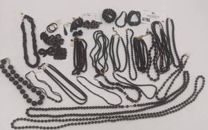 lot 20 image: Huge Lot of 1970s-1980s Vintage Deadstock Jewelry-Black Rhinestone and Black Faceted Beaded Earrings, Necklaces, Rhinestone Brooches and More