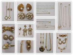 lot 21 image: Huge Lot of 1970s-1980s Gold Plated and Faux Pearl Vintage Deadstock Jewelry-18 KT Gold-Plated Earrings, Rings, Whiting & Davis Necklaces, and More