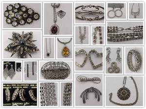 lot 22 image: Huge Lot of 1970s-1980s Elegant Rhinestone and Silver Plate Vintage Deadstock Jewelry-Silver-Plated Earrings, Rings, Necklaces, and More