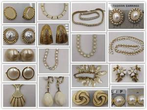 lot 23 image: Huge Lot of 1970s-1980s Gold Plated and Faux Pearl, Rhinestone, and Enamel Vintage Deadstock Jewelry- Gold-Plated Earrings, and More