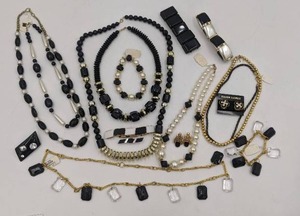 lot 29 image: Huge Lot of 1980s Vintage Deadstock Jewelry-Black and Gold-Plated and Crystal Earrings, Brooches, Necklaces, Sets and More