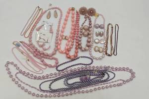 lot 30 image: Huge Lot of 1970s-1980s Vintage Deadstock Pink Faux Pearl Jewelry-Earrings and Necklaces