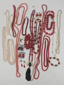 lot 32 image: Huge Lot of 1970s-1980s Vintage Deadstock Jewelry-Pink, Red, Gold-Plated, Faux Pearl and Beaded Earrings, Necklaces, and More