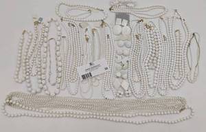 lot 35 image: Huge Lot of 1970s-1980s Vintage Deadstock Jewelry-White Beaded Earrings, and Necklaces