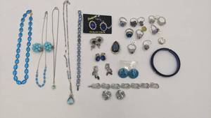lot 36 image: Huge Lot of 1970s-1980s Vintage Deadstock Jewelry-Silver-Plated, Blue Crystal, Cubic Zirconia, Earrings, Rings, Necklaces, and More