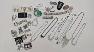 lot 41 image: Sparkling Collection of 1970s-1980s Vintage Deadstock Jewelry-Rhinestone and Pearl Earrings, Brooches, , Bracelets, and Necklaces