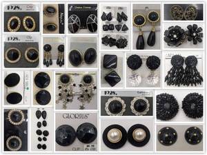 lot 27 image: Huge Lot of 1980s Vintage Deadstock Earrings- Black and Gold Tone, Silver-Toe, Rhinestones, Enamel, Resin And More