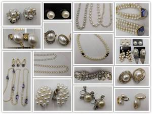 lot 43 image: Classic Collection of 1970s-1980s Vintage Deadstock Jewelry-Crystal and Faux Pearl Earrings, Bracelets, Necklaces, and Brooches