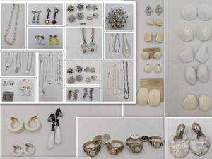 lot 47 image: Stunning Lot of 1970s-1980s Vintage Deadstock Jewelry-Faceted Crystal Beaded Earrings, Opal and 14 Karat Gold Plated Rings, Necklaces, and More