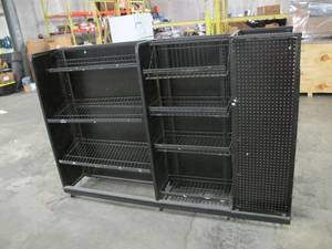 lot 642 image: Oversized Store Fixture - Peg Board with Display Racks on Wheels,