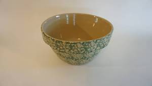 lot 4 image: Large 12 R. Ransbottom Green SpongeWare Pottery Bowl with One Crack