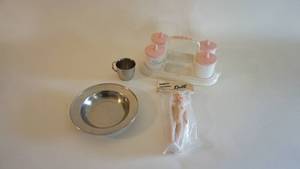 lot 17 image: Baby care plastic tray with containers, vintage baby dishes etc.