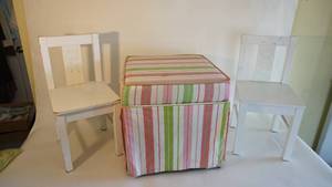 lot 27 image: Childrens furniture including two 21 inch Kritter chairs and One 16 inch cushionfabric covered storage Box