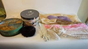 lot 41 image: Vintage hat box with scarves and covered 13 inch tin container