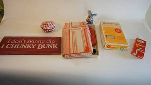 lot 43 image: Miscellaneous lot including 7 porcelain mouse, Westinghouse heating pad new in box, vintage syringe and pump in box, 5 inch porcelain handled bowl with lid etc.