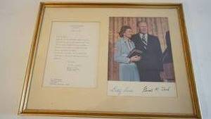 lot 46 image: Very Neat Henry Ford and Betty Ford signed photo and acknowledgment Matted and framed