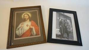 lot 47 image: 1920s Sacred Heart of Jesus print framed and signed by Grandpa, Framed photograph of two women in front of telegraph office